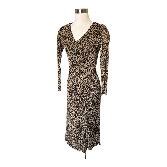 Taylor Stretch Mesh Animal Print Midi Dress Sz 4 Ruched Split - Picture 4 of 7